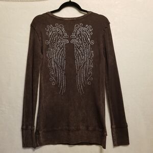 The Pyramid Collection L Top Thermal Waffle Knit Jeweled Angel Wings Y2K 90s Vtg